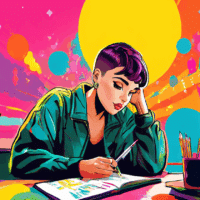 Illustration einer nachdenklichen Frau am Schreibtisch mit buntem Hintergrund – Symbolbild für Coaching bei Selbstzweifeln, Klarheitsfindung und Mut zur Entscheidung